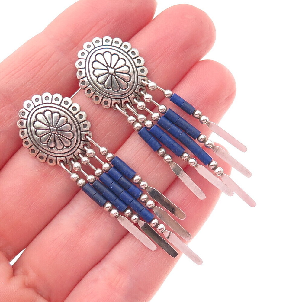 Quoc Turquoise Old Pawn 925 Sterling Silver Vintage Lapis Concho Dangle Earrings